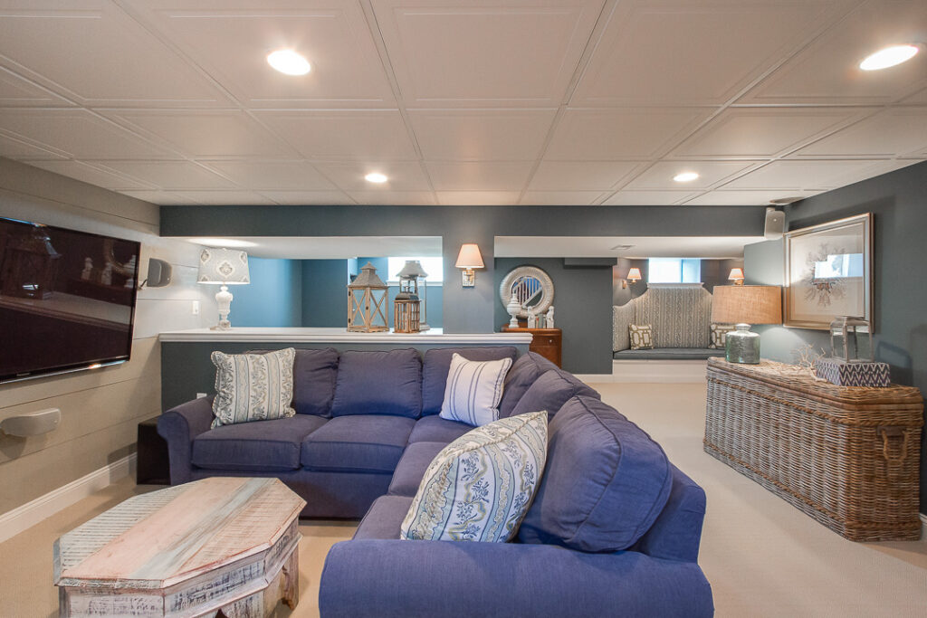 Finished basement designed by by Lori Fischer of rethink home interiors
