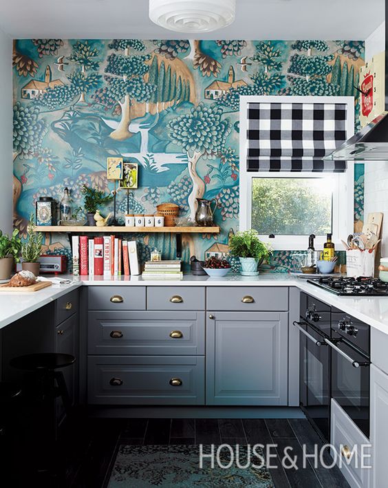 kitchen with busy wallpaper