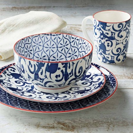 Better Homes and Gardens Piers Blue Mix and Match 16 Piece Dinnerware Set, Decorate for the Holidays